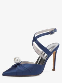 Chaussures de mariage à talons hauts en satin bout pointu perles escarpins à bride arrière