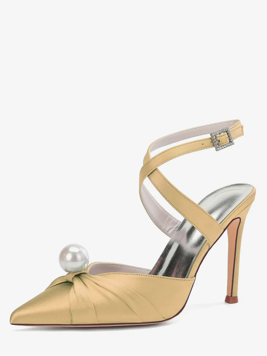 Chaussures de mariage à talons hauts en satin bout pointu perles escarpins à bride arrière