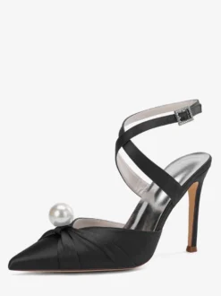 Chaussures de mariage à talons hauts en satin bout pointu perles escarpins à bride arrière