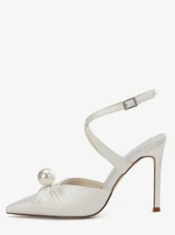 Chaussures de mariage à talons hauts en satin bout pointu perles escarpins à bride arrière