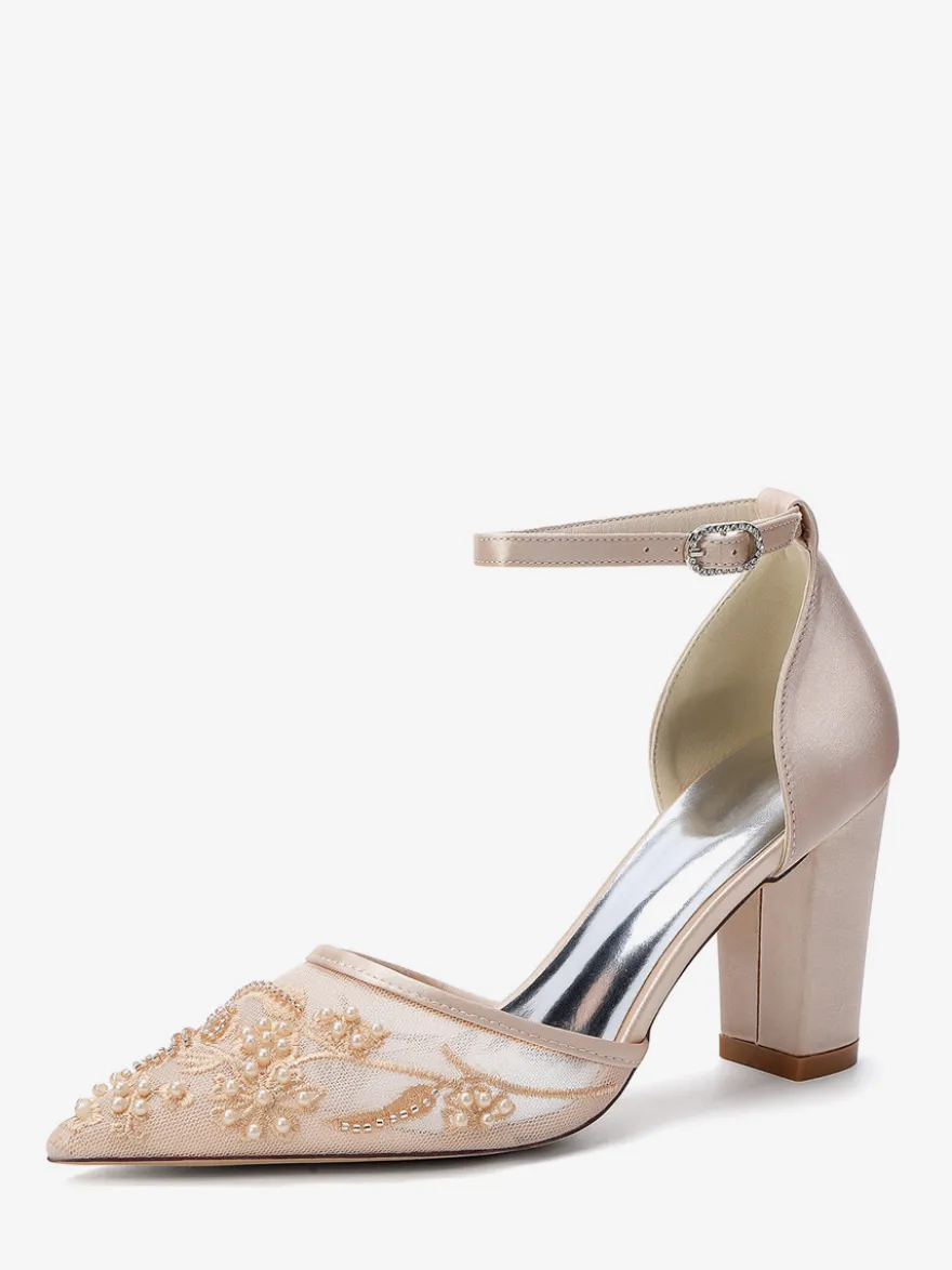 Chaussures de mariage à talons carrés bout pointu talons hauts perlés