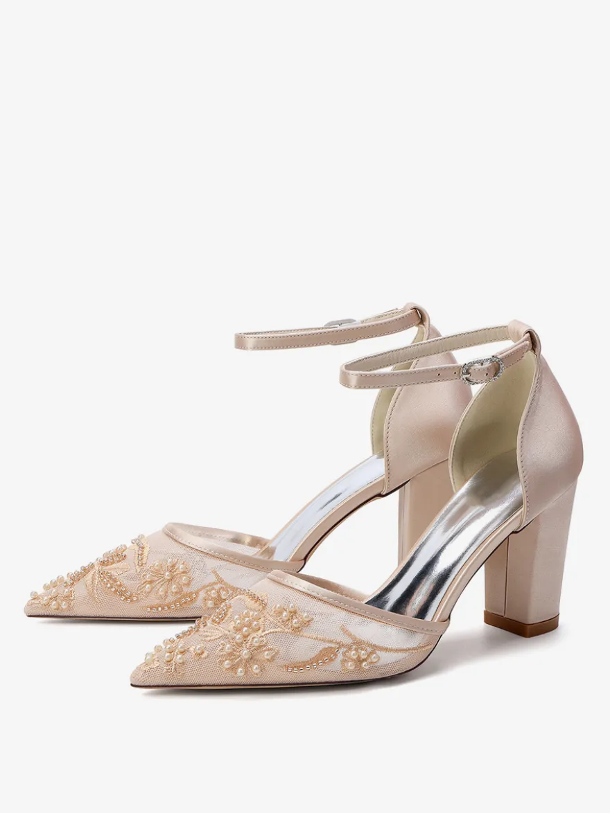 Chaussures de mariage à talons carrés bout pointu talons hauts perlés