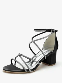 Chaussures de mariage à talons noirs et bout ouvert avec strass et lanières