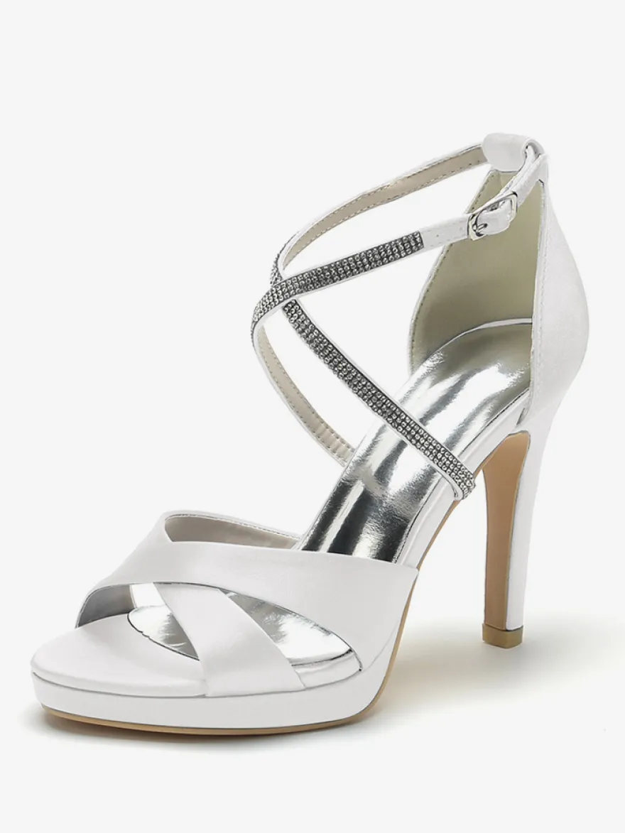 Chaussures de mariage à talons hauts ivoire à bout ouvert avec strass et corsage