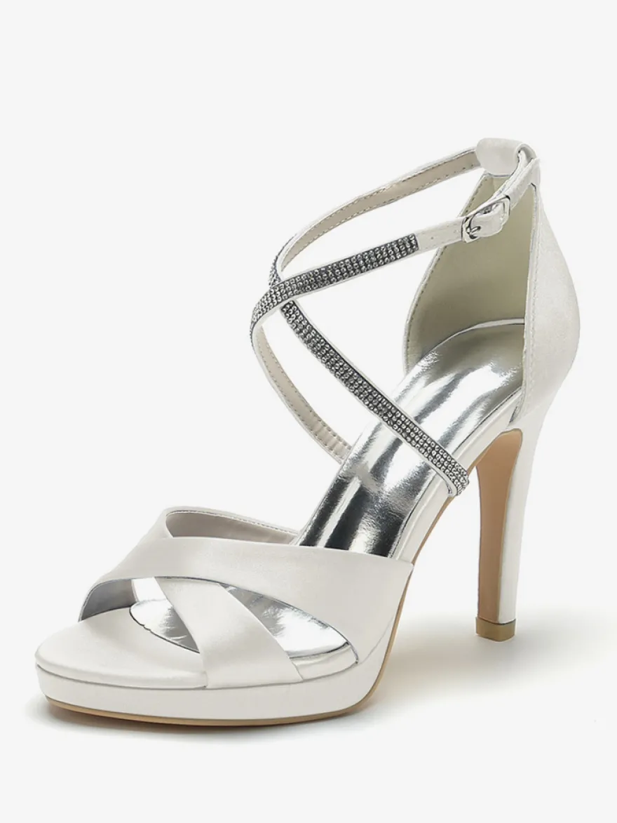 Chaussures de mariage à talons hauts ivoire à bout ouvert avec strass et corsage