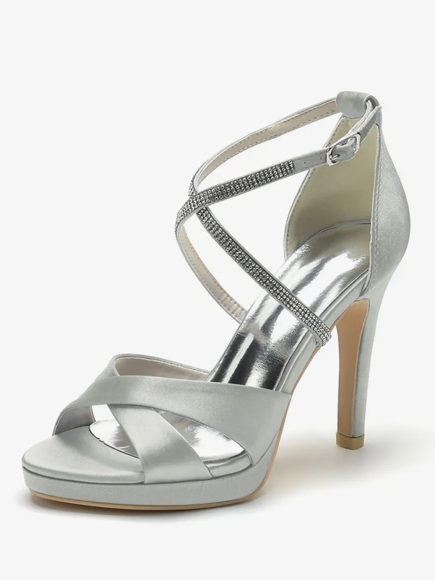 Chaussures de mariage à talons hauts ivoire à bout ouvert avec strass et corsage