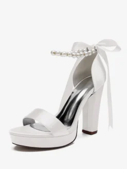 Chaussures de mariage à talons hauts avec plateforme et perles lacets nœud bride à la cheville chaussures de fête