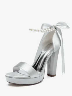 Chaussures de mariage à talons hauts avec plateforme et perles lacets nœud bride à la cheville chaussures de fête