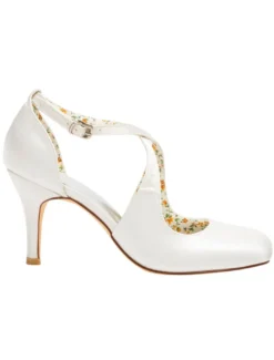 Chaussures de mariage vintage ivoire en satin à talons hauts bride à la cheville chaussures de mariée