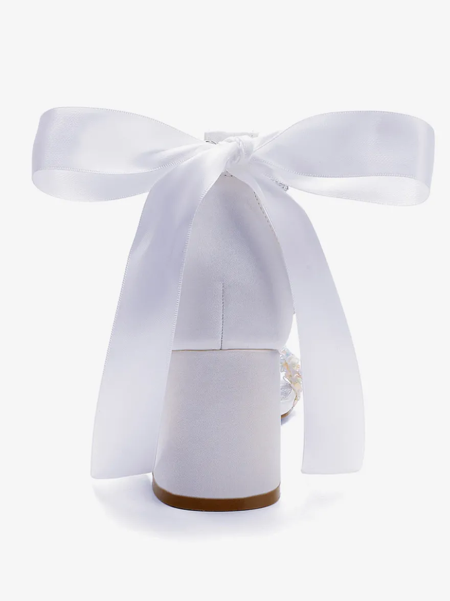 Chaussures de mariée blanches à talon compensé et strass bride cheville