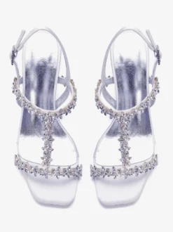 Chaussures de mariée en satin à talon compensé ornées de strass et de détails floraux