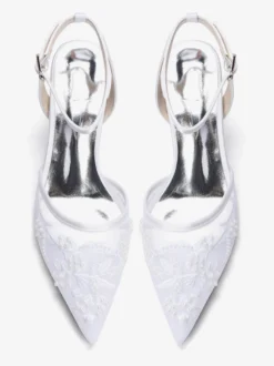 Chaussures de mariée à petits talons bout pointu en dentelle bride cheville