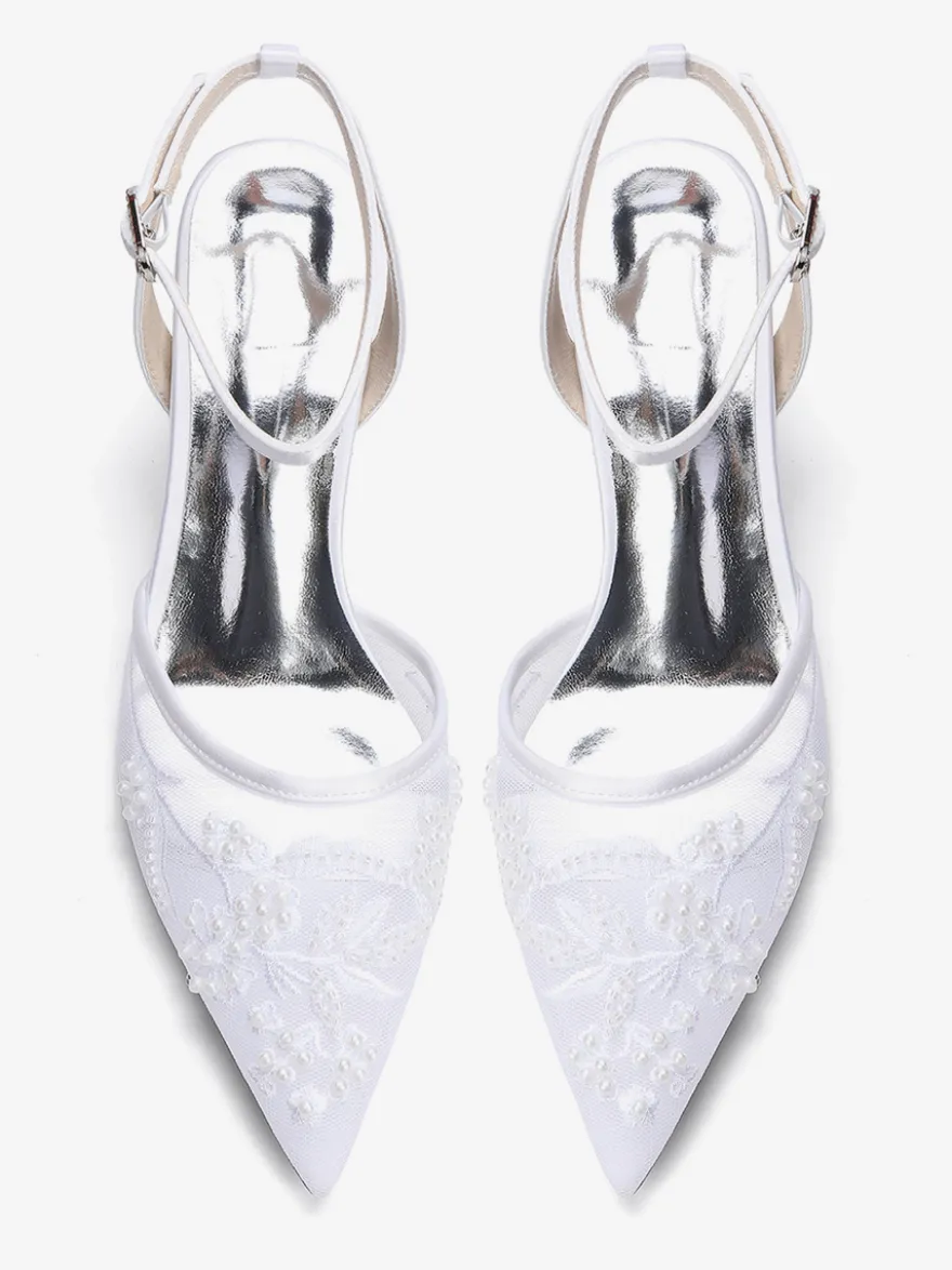 Chaussures de mariée à petits talons bout pointu en dentelle bride cheville