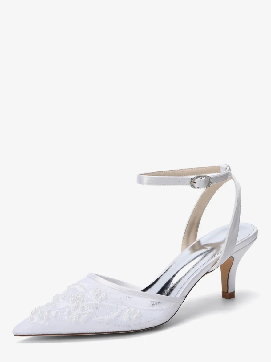 Chaussures de mariée à petits talons bout pointu en dentelle bride cheville