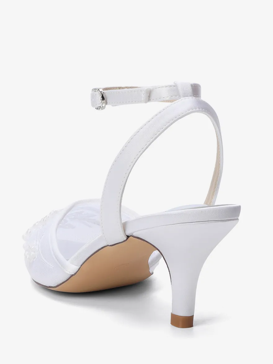 Chaussures de mariée à petits talons bout pointu en dentelle bride cheville