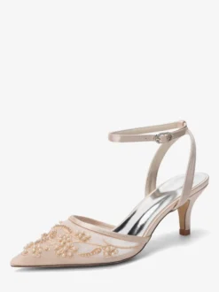Chaussures de mariée à petits talons bout pointu en dentelle bride cheville
