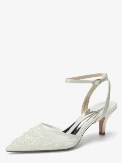 Chaussures de mariée à petits talons bout pointu en dentelle bride cheville