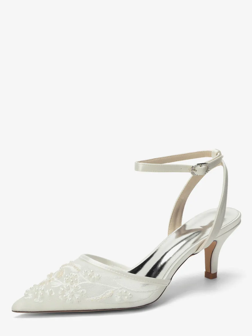 Chaussures de mariée à petits talons bout pointu en dentelle bride cheville