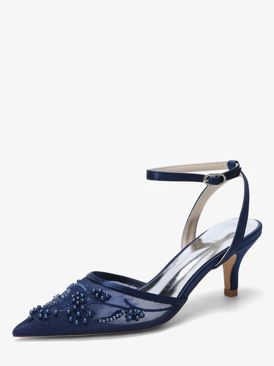 Chaussures de mariée à petits talons bout pointu en dentelle bride cheville