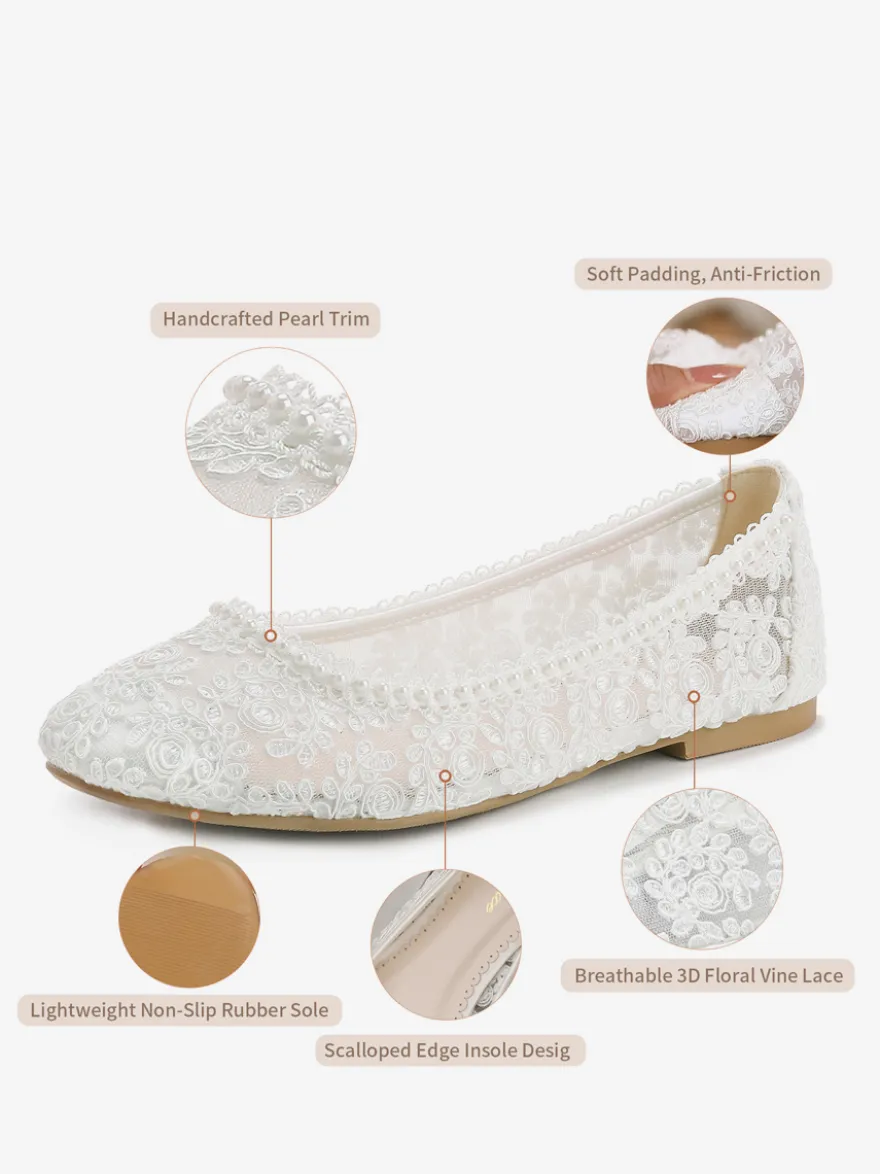 Chaussures de mariée plates à bout rond perles et dentelle style vintage