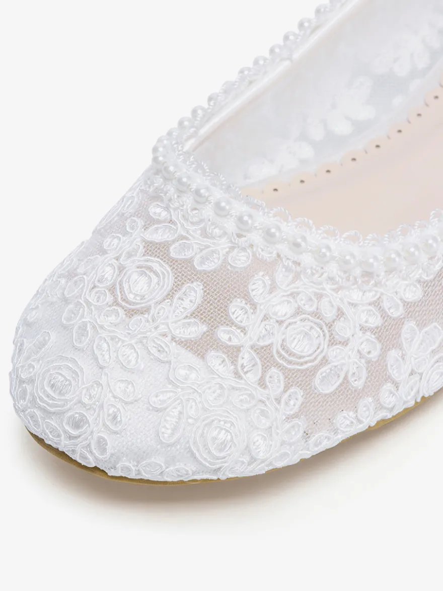 Chaussures de mariée plates à bout rond perles et dentelle style vintage