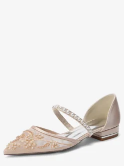 Chaussures de mariée plates en résille à bout pointu ornées de perles