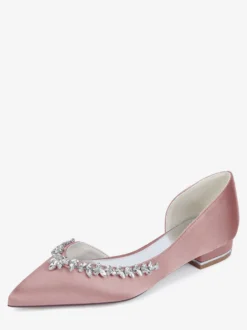 Chaussures de mariée plates en satin à bout pointu et strass