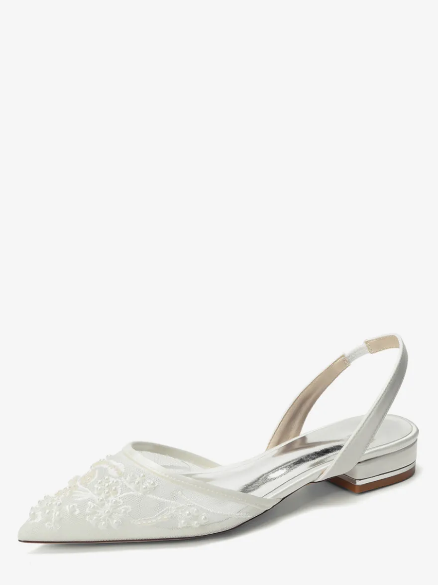 Chaussures de mariée plates en dentelle à bout pointu à enfiler