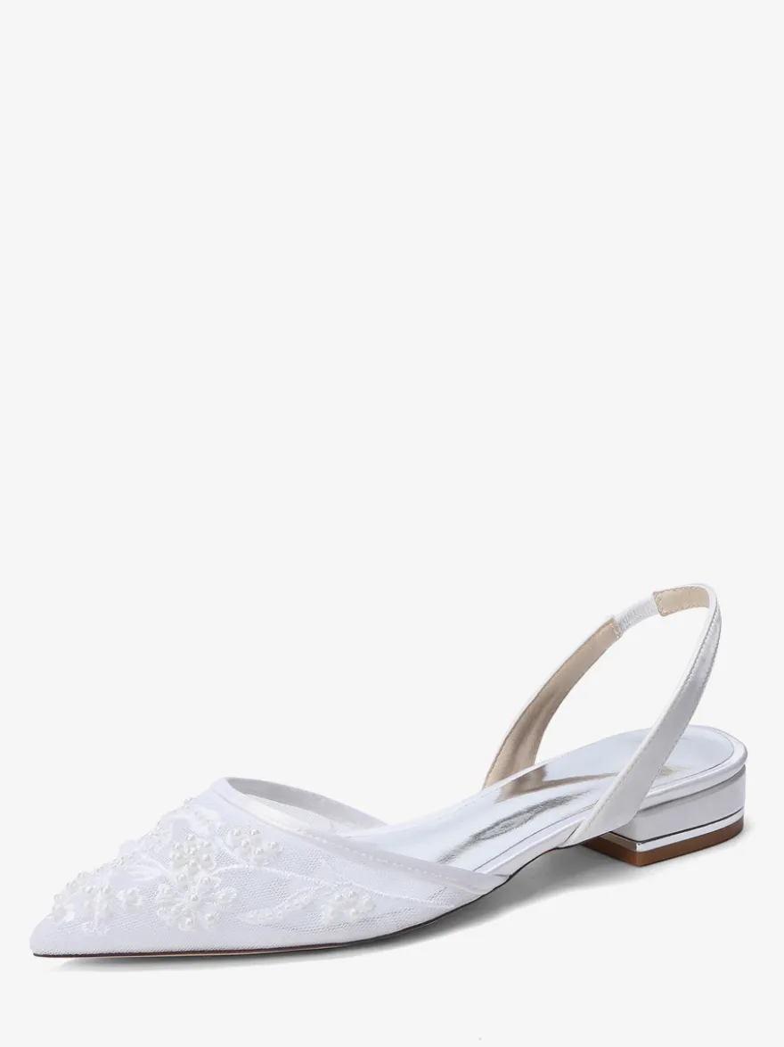 Chaussures de mariée plates en dentelle à bout pointu à enfiler