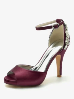 Chaussures De Mariée Pour Femmes Satin Bout Ouvert Strass Talon Épais Chaussures De Mariage