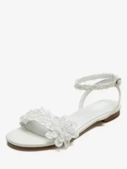 Chaussures de mariée pour femmes bout ouvert dentelle fleurs bride à la cheville
