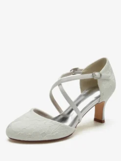 Chaussures De Mariée Pour Femme En Dentelle Bout Rond Strass Talon Trotteur Chaussures De Mariage À Lacets