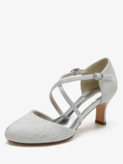 Chaussures De Mariée Pour Femme En Dentelle Bout Rond Strass Talon Trotteur Chaussures De Mariage À Lacets
