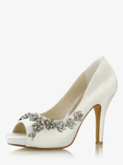Chaussures De Mariée Pour Femmes Satin Blanc Bout Ouvert Strass Talon Chaussures De Mariage