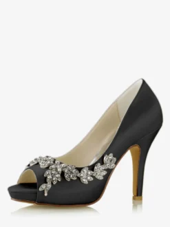 Chaussures De Mariée Pour Femmes Satin Blanc Bout Ouvert Strass Talon Chaussures De Mariage