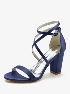 Chaussures De Mariée Pour Femme Satin Champagne Bout Ouvert Talon Épais Chaussures De Mariage À Lacet Cheville