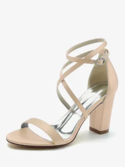 Chaussures De Mariée Pour Femme Satin Champagne Bout Ouvert Talon Épais Chaussures De Mariage À Lacet Cheville