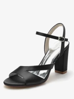 Chaussures De Mariée Pour Femmes Satin Bout Ouvert Talon Épais Chaussures De Mariage