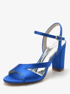 Chaussures De Mariée Pour Femmes Satin Bout Ouvert Talon Épais Chaussures De Mariage