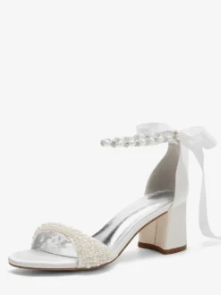 Chaussures de mariée à talon bloc bout ouvert perles strass bride cheville