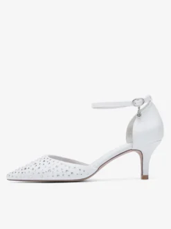 Chaussures de mariée à talon chaton en satin à bout pointu et strass
