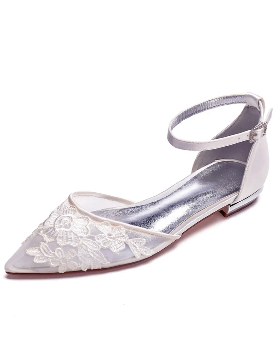 Chaussures De Mariée Transparentes plate blanche bout pointu boucle en dentelle