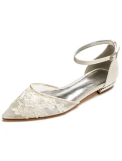 Chaussures De Mariée Transparentes plate blanche bout pointu boucle en dentelle