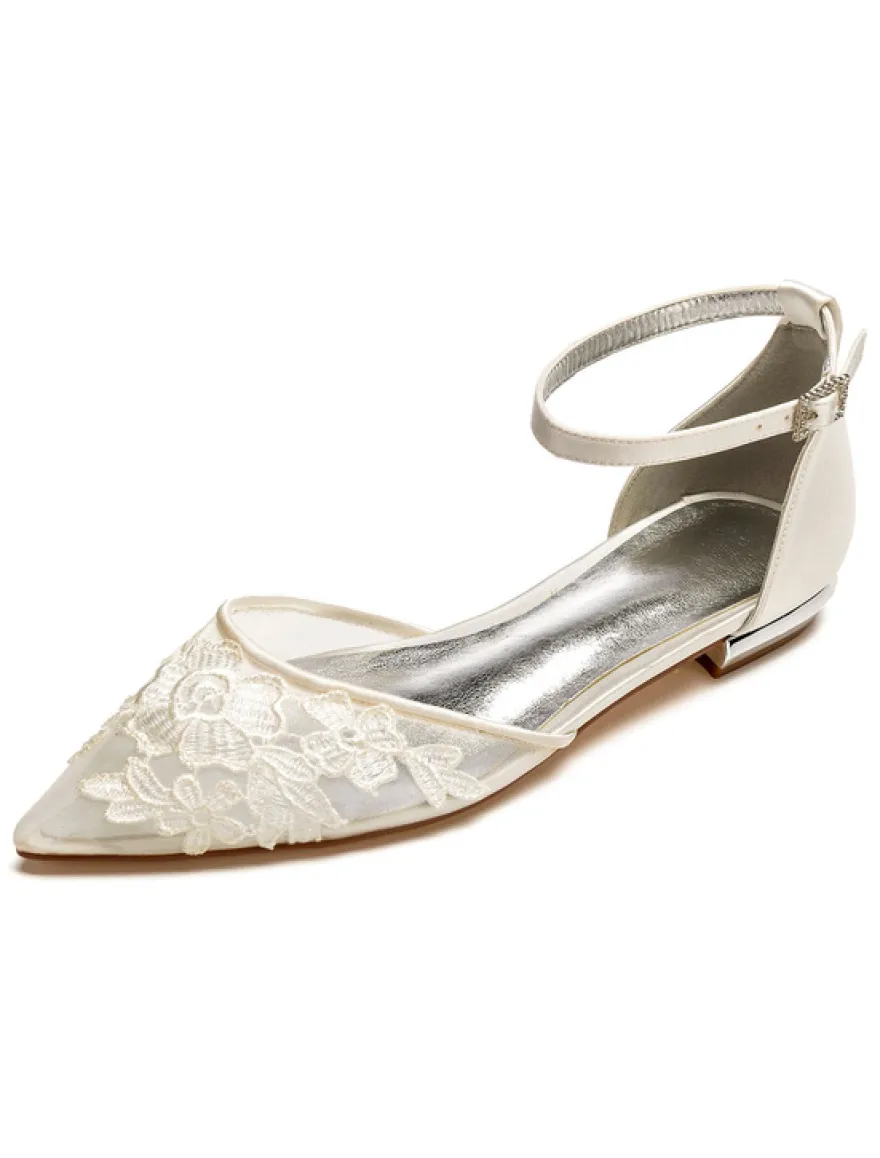 Chaussures De Mariée Transparentes plate blanche bout pointu boucle en dentelle