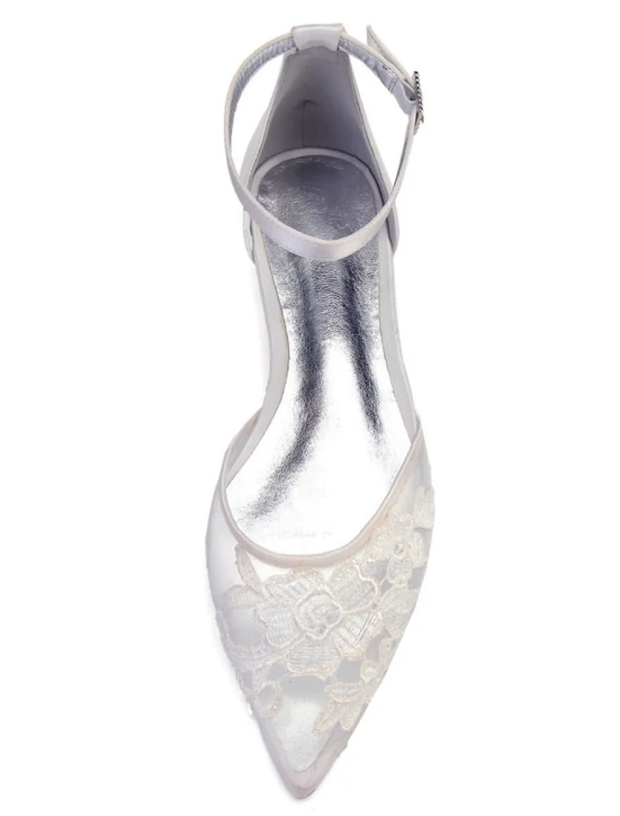 Chaussures De Mariée Transparentes plate blanche bout pointu boucle en dentelle