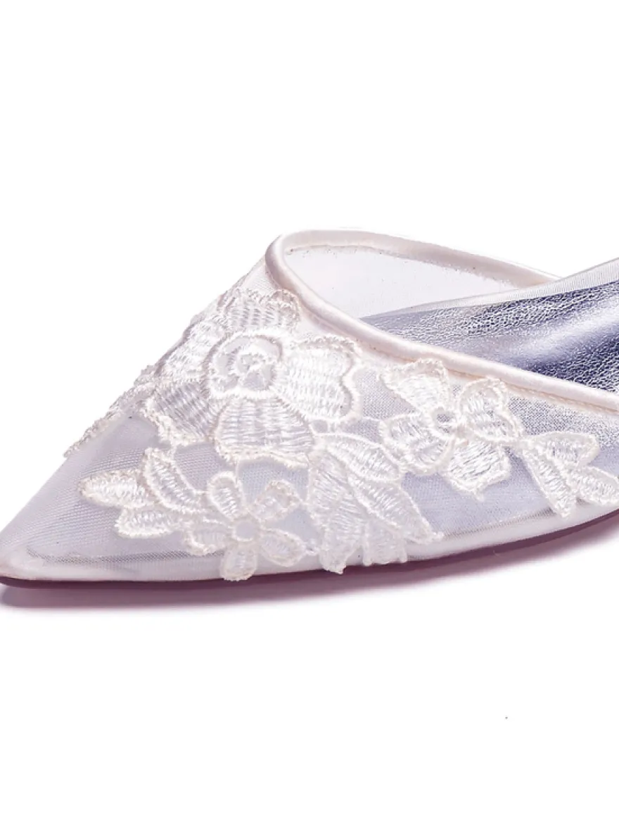 Chaussures De Mariée Transparentes plate blanche bout pointu boucle en dentelle