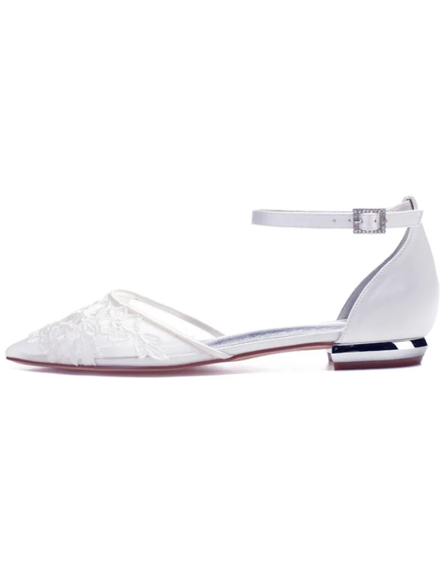 Chaussures De Mariée Transparentes plate blanche bout pointu boucle en dentelle