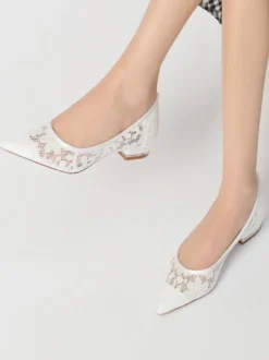 Chaussures de Mariée Transparentes Mariage Femme Bout Pointu en Dentelle Talon Bas