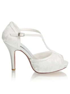 Chaussures De Mariée Vintage Ivoire En Dentelle Type T Talon Aiguille Mariage Rétro