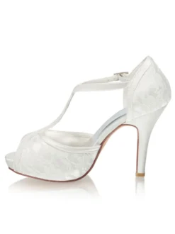 Chaussures De Mariée Vintage Ivoire En Dentelle Type T Talon Aiguille Mariage Rétro